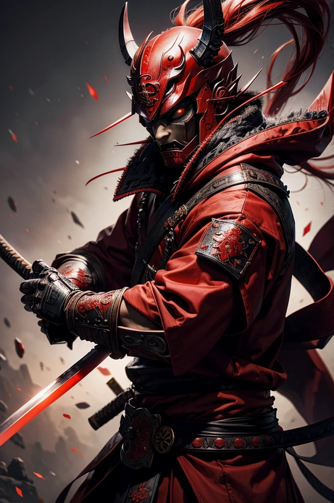 red samurai warrior, strong, vivid, super detailed, highest quality, wearing demon mask, red samurai outfit, metal, katana
