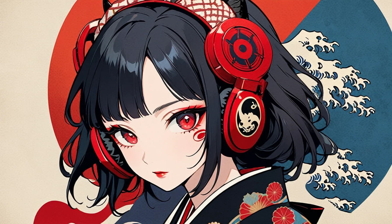 (((Ink painting))), Colorful fashion pictures, (((1 girl))), (((Tattoo in the center of the forehead))), (((Very glamorous hair accessories))), (((Very glamorous makeup))), Japanese style headphones, Japan人の美女, Black hair, Sensitive and precise, Modern Ukiyo-e style, Demon possession, Red sharingan eyes, Japan, Japanese flag, Red and blue background