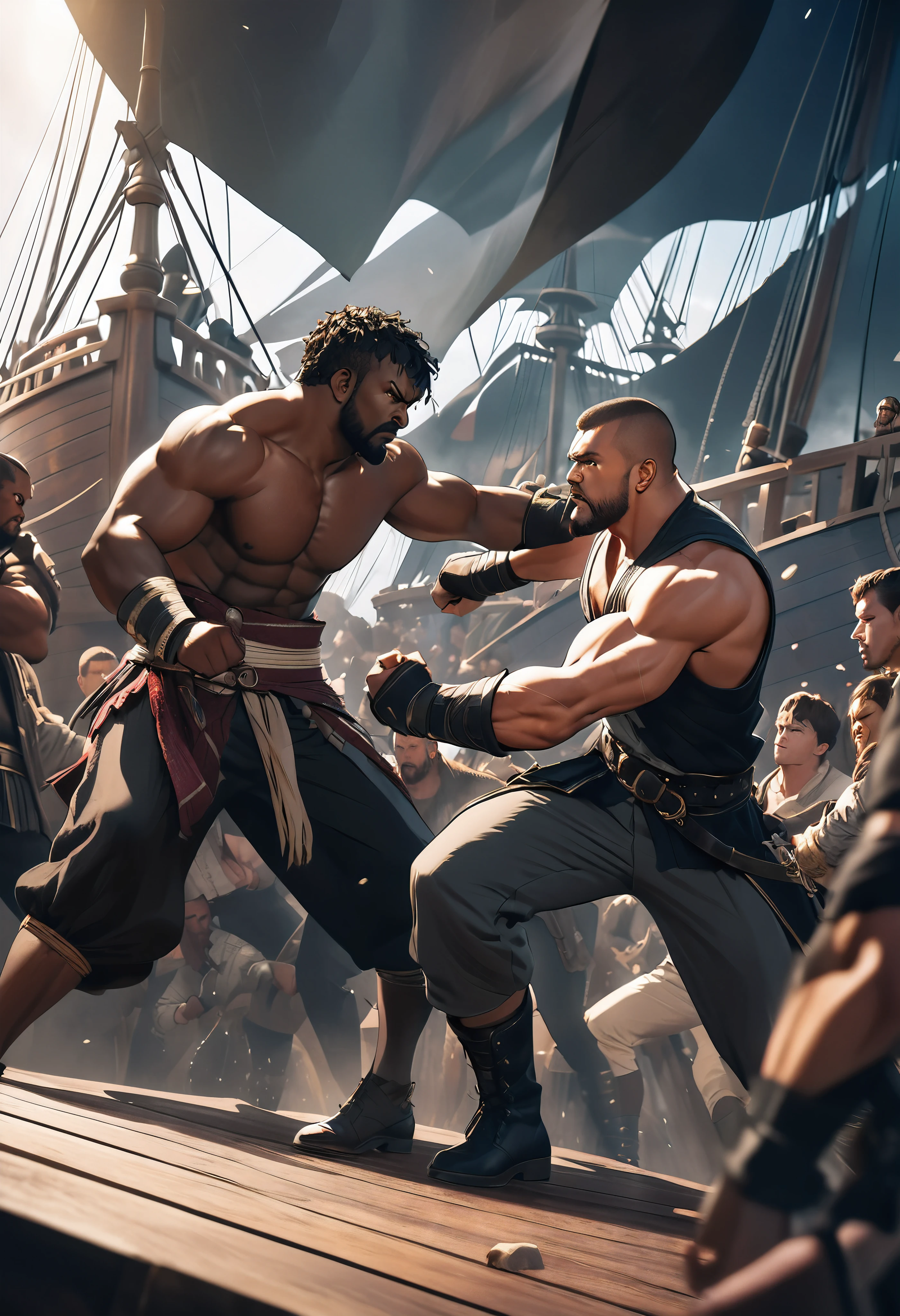 (Detailed and accurate Othello game:1.37, Win or lose with rock or scissors:1.3), a fierce duel between two pirates on the deck of a pirate ship, intense staredown, two muscular pirates, one the captain, serious hand-to-hand combat, crew fighting in the background, dramatic lighting, cinematic composition, absurdist surreal, ARW