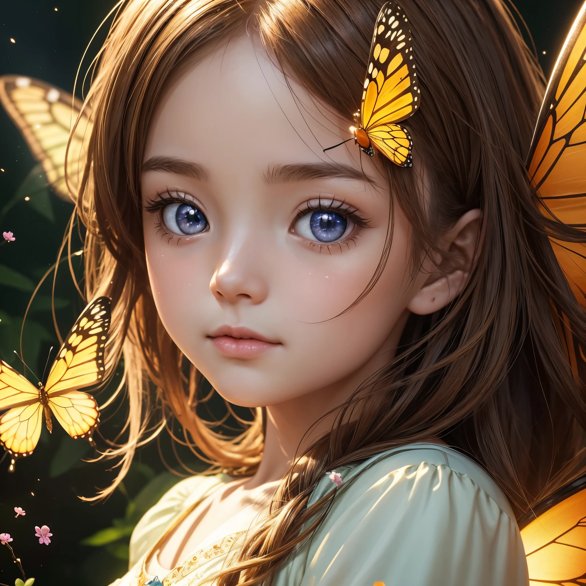 Create a close-up semi-realistic anime illustration of a young girl's face with large, expressive eyes reflecting a magical scene. The girl is surrounded by a warm, glowing light with orange and yellow hues, creating an enchanting atmosphere. A delicate, luminescent butterfly with translucent wings rests gently on her nose, emitting a soft glow. The background is filled with floating, glowing particles and small flowers, adding to the magical ambiance. The girl's expression is one of wonder and amazement as she gazes at the butterfly. Use a Close-Up Composition to emphasize her facial features and the butterfly. The viewpoint should be an Extreme Close-Up to capture the fine details and emotional intensity. The lighting should feature Glowing Lighting to enhance the enchanting and whimsical quality of the scene. Render the artwork using V-Ray for high-resolution detail and vibrant colors. The medium is Illustration to bring out the fantastical, whimsical quality.