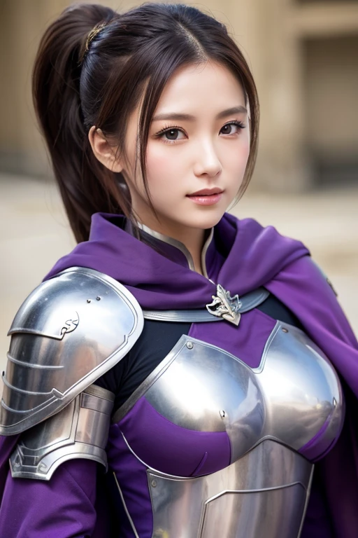 Close-up of a woman in armor and purple cloak, ponytail,Large Breasts,China'Three Kingdoms, Genghis Khan,Xianxia Hero, Chinaの戦士,Perfect beauty: 1.4, Highly detailed face and skin texture, fine grain,double eyelid, Whitening skin,Highest quality,Ultra-high resolution