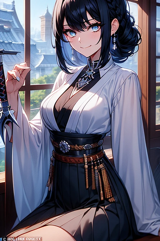 Black-haired girl, braided hair styles, Short hair, very special hair style, fascinating hair style, Elegant hair, captivating blue eyes, fascinating face, Exhausted face, Ahegao, a charming smile, white eyelashes, in the classroom, Single, holding a sword in his right hand, The background is oriental style, holding a sword in his right hand, armor dress, Five fingers