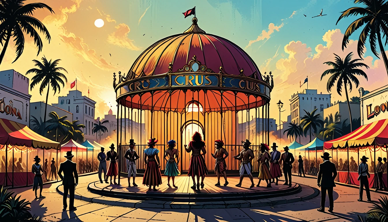 circus dome on the square of a tropical city, palm trees, street, people, magician, clowns, gypsy dancers, lion in a cage, city square,    graphic style of novel comics, 2d, 8k, hyperrealism, masterpiece, high resolution, best quality, ultra-detailed, super realistic, Hyperrealistic art, high-quality, ultra high res, highest detailed, lot of details, Extremely high-resolution details, incredibly lifelike, colourful, soft cinematic light,