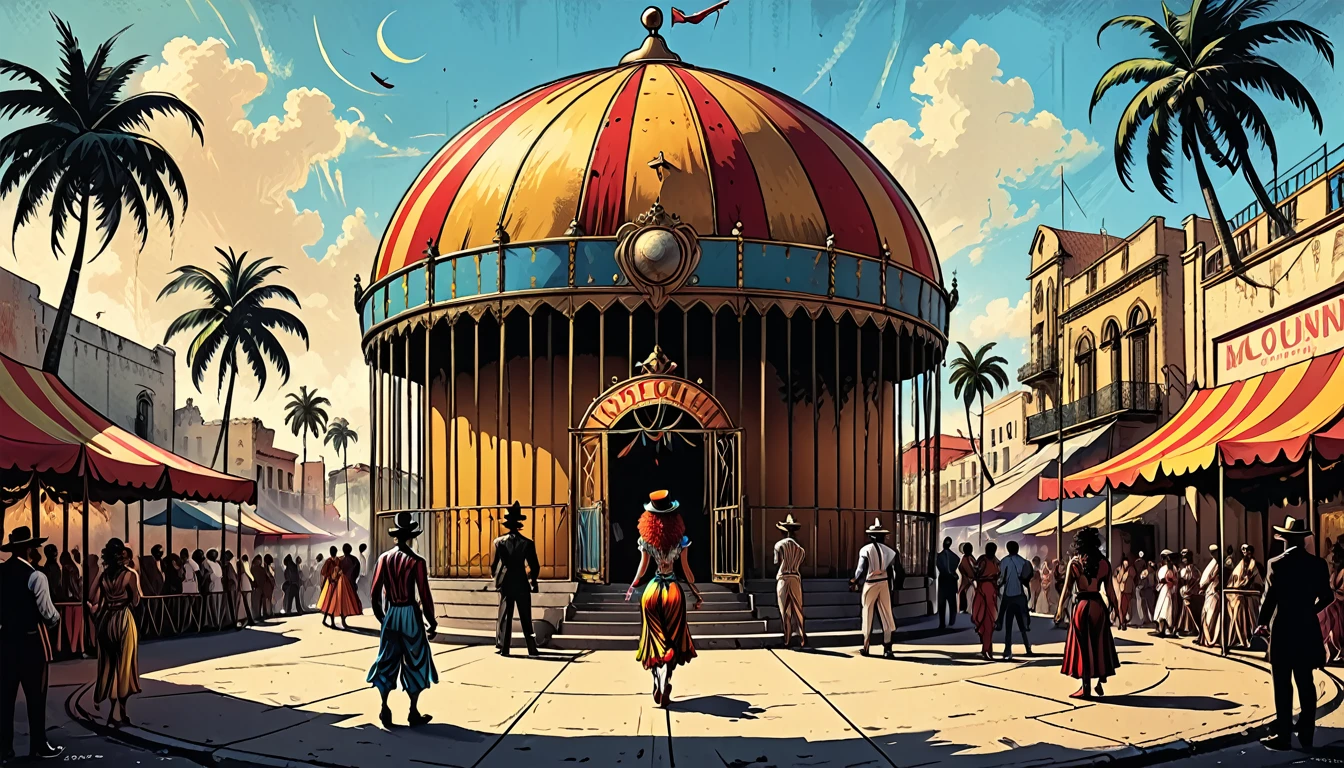 circus dome on the square of a tropical city, palm trees, street, people, magician, clowns, gypsy dancers, lion in a cage, city square, graphic style of novel comics, 2d, 8k, hyperrealism, masterpiece, high resolution, best quality, ultra-detailed, super realistic, Hyperrealistic art, high-quality, ultra high res, highest detailed, lot of details, Extremely high-resolution details, incredibly lifelike, colourful, soft cinematic light,