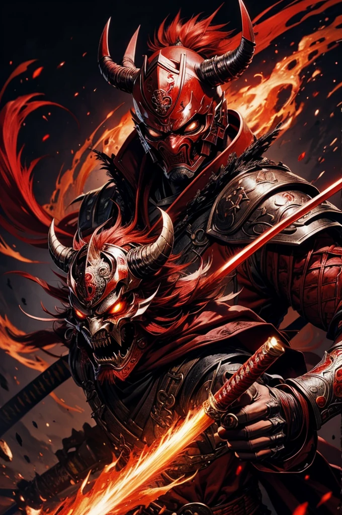 red samurai warrior, strong, vivid, super detailed, highest quality, wearing demon mask, red samurai outfit, metal, katana