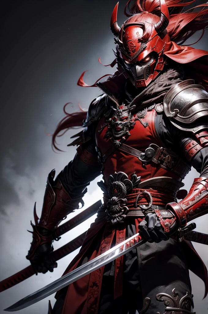 red samurai warrior, strong, vivid, super detailed, highest quality, wearing demon mask, red samurai outfit, metal, katana