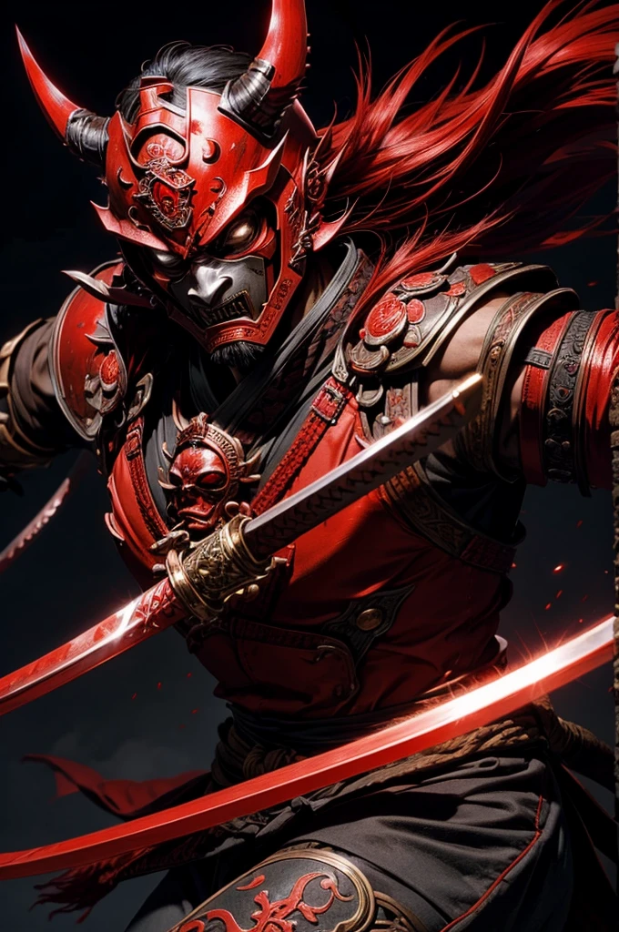 red samurai warrior, strong, vivid, super detailed, highest quality, wearing demon mask, red samurai outfit, metal, katana