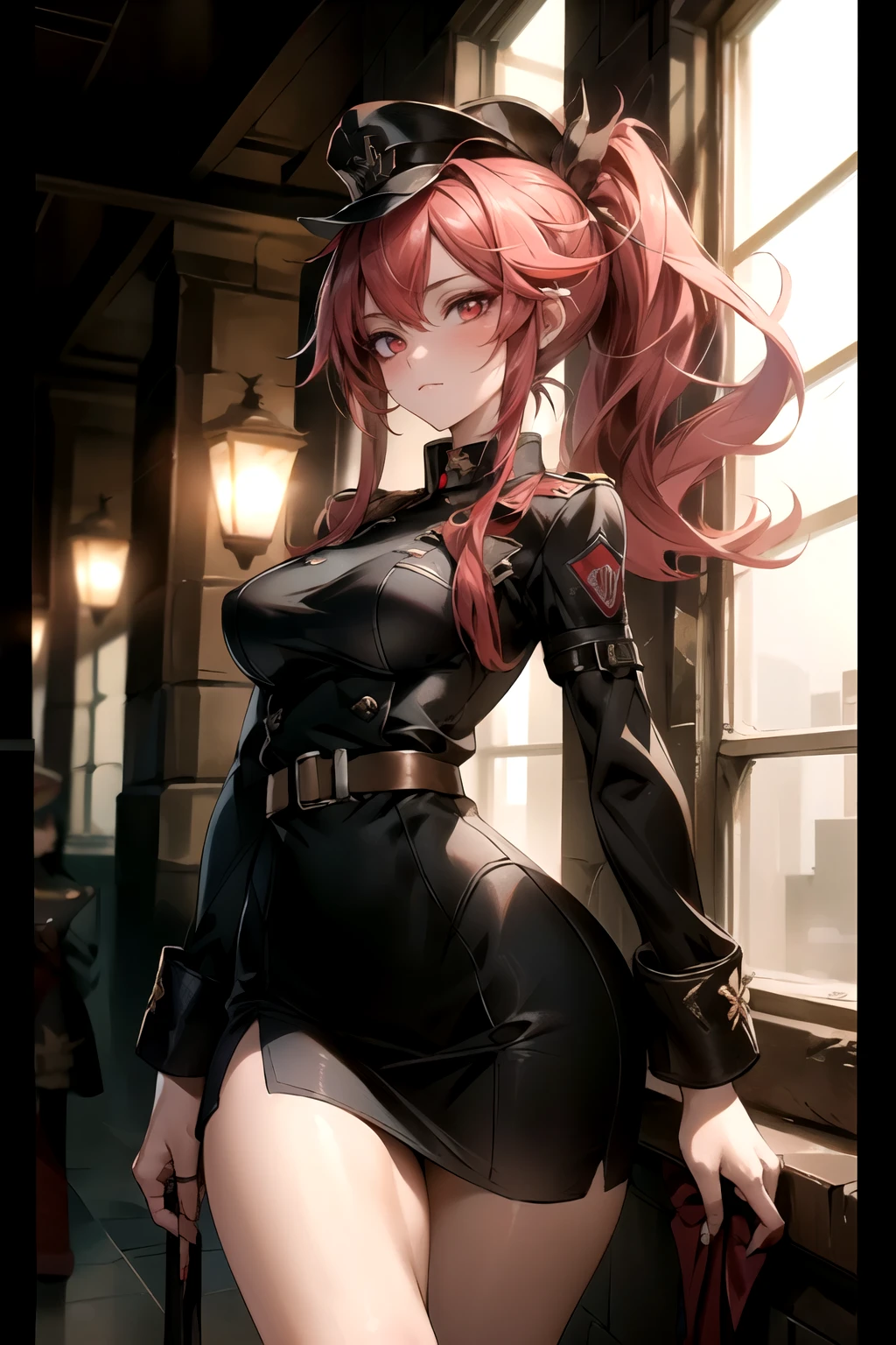 ((best quality)), ((Masterpiece)), (details:1.4), 3d, Image of a beautiful cyberpunk woman., HDR (high dynamic range), mature woman, เหมือนจริง, High ponytails, Red hair, Red eyes, future police, PBR surface, After processing, Anisotropic filtration,depth of field, Maximum clarity and clarity, multi-layered surface, perfect proportions, 8K raw files, cyberpunk, at night, ผมหลายชั้น,  red short skirt, natural lighting, soft lighting, sunlight, หน้าอกใหญ่, a woman wearing a black gothic style military uniform, black military hat with gold details, iron cross symbol on the military hat, 