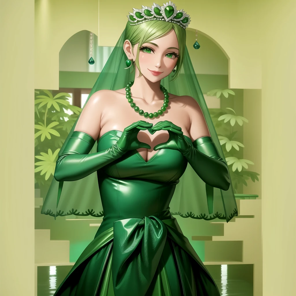 Emerald tiara, Green Pearl Necklace, ボーイッシュな非常に短いGreen Hair, Green Lips, Smiling Japanese woman, Very short hair, Busty beautiful lady, Green Eyes, Green satin long gloves, Green Eyes, Emerald Earrings, Green veil, Heart with both hands, Green Hair, Beautiful Japanese Woman, Heart shaped hands:1.3, green lip gloss,