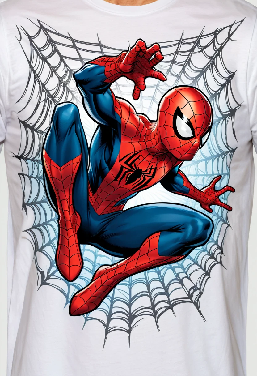 A white t-shirt with a vibrant illustration of a spider web and at its center is Spider-Man, a popular Marvel superhero. Spider-Man is depicted in his iconic red and blue costume, swinging through the air with his webs. He is in a dynamic pose, with one hand releasing a web and the other holding a strand of web. The design is detailed, with the webs appearing tangled and the character's facial features clearly visible. The t-shirt has a round neckline and appears to be a standard cut. Below Spider-Man there is the text "Spider-Man" in a decorative and captivating font.