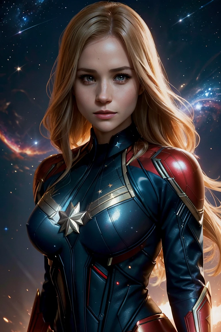 Meghan Markle, wearing Captain Marvel costume sexy clothes transparent. Visible nipples, professionally retouched, soft lighting, realistic, smooth face, perfect eyes, sharp focus on eyes, 8 k, high definition, insanely detailed, intricate, elegant. in a cosmic setting, outer space, galaxies, nebula, 