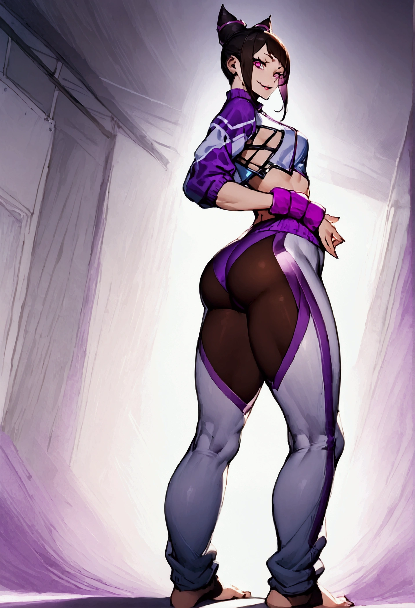 standing backwards,looking back,beautiful young fitness woman with , in a gym wearing May with black pantyhose, white and purple gym jacket. standing alone,hair horns,bright purple eyes,Evil smile,legging preto aura roxa,super bright purple right eyes,whole body,beautiful curves,hands on waist
