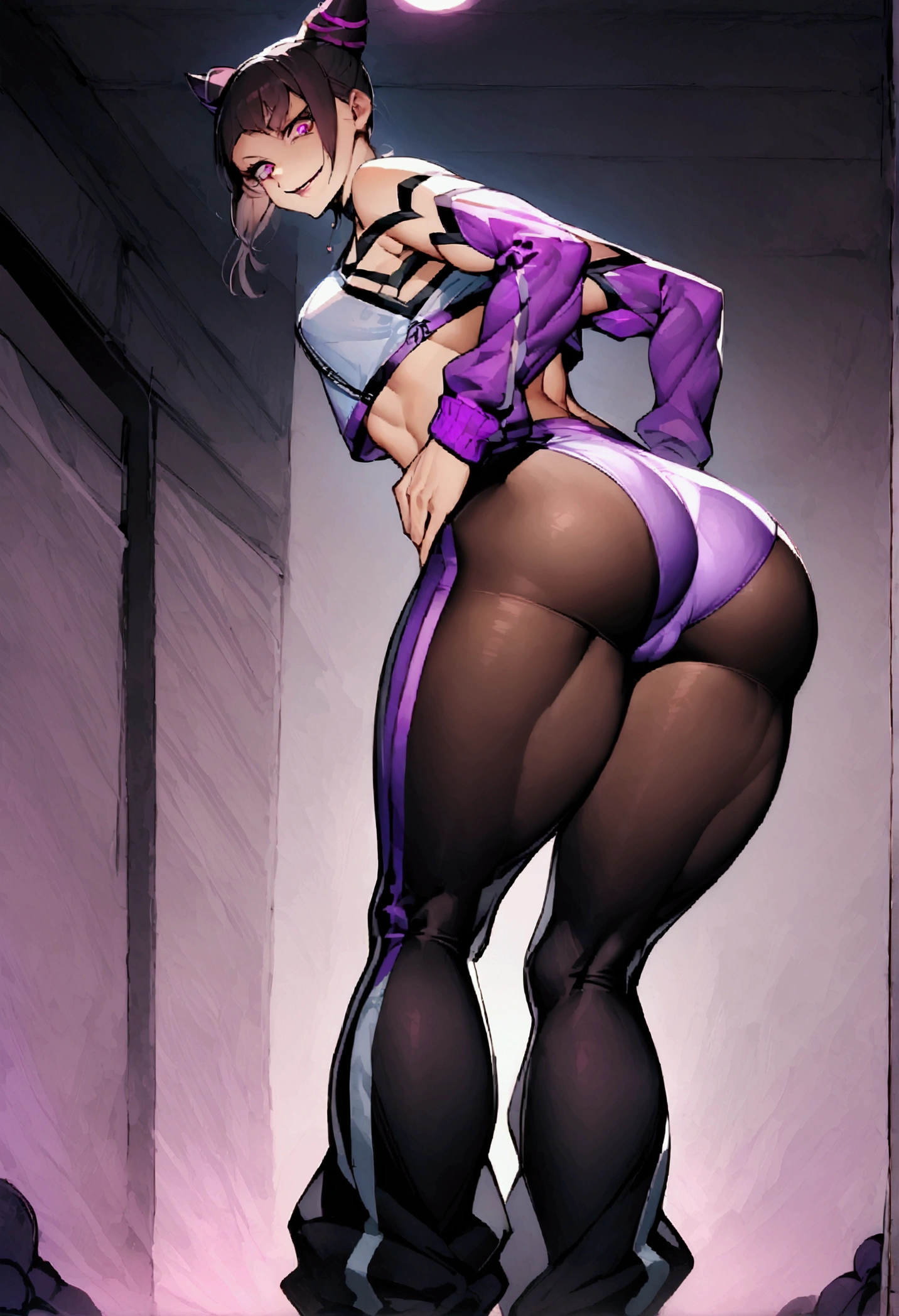 standing backwards,looking back,beautiful young fitness woman with , in a gym wearing May with black pantyhose, white and purple gym jacket. standing alone,hair horns,bright purple eyes,Evil smile,legging preto aura roxa,super bright purple right eyes,whole body,beautiful curves,hands on waist
