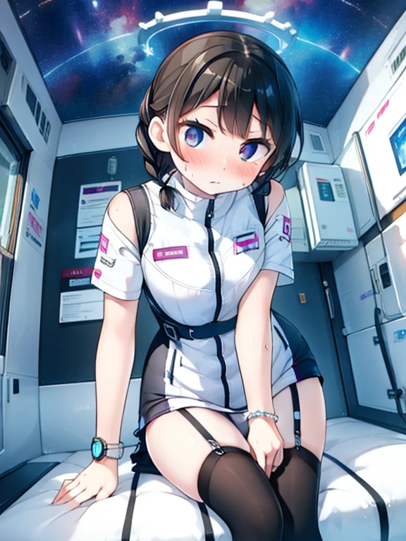 (Highest quality), (masterpiece), 1080P, High resolution, 4K, 8k, Inside the space station、Futuristic room、Thigh straps, Shooting from directly below, The woman on top of me, Nipples, 白いSweat, Covered , Sweat, Woman looking down, Skirt swimsuit, Thigh-high socks, To achieve this, 16 years old, , whole body, Black leather shoes, Braided hair, Inner Color, Embarrassed face, Short black hair, bracelet, Bedroom,celestial body_Vest