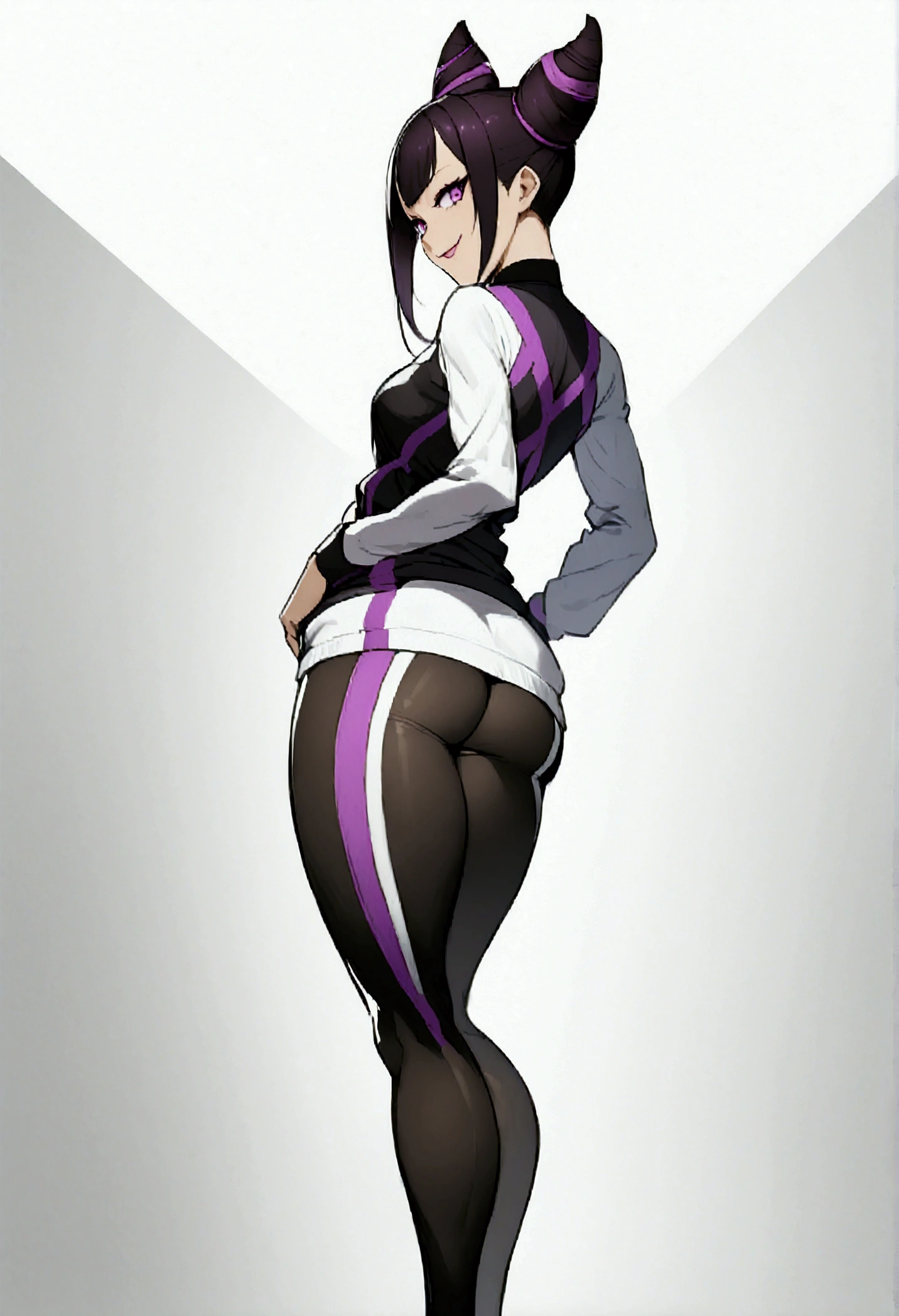 standing backwards,looking back,beautiful young fitness woman with , in a gym wearing May with black pantyhose, white and purple gym jacket. standing alone,hair horns,bright purple eyes,Evil smile,legging preto aura roxa,super bright purple right eyes,whole body,beautiful curves,hands on waist
