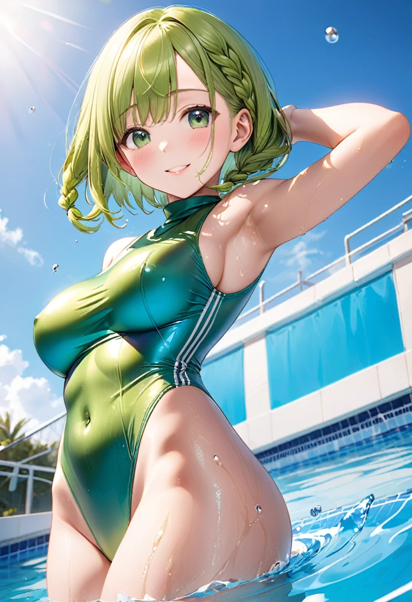 Highest quality, masterpiece, Ultra-high resolution, (Realistic:1.4), RAW Photos, Intricate details, Big beautiful eyes, Perfect contours, masterpiece, One Girl, ((Primary school students)), Braided Bob, (Firm breasts:1.3, High chest:1.3), Curvy waist:1.5, Competitive swimmer, (one piece:1.5, turtleneck,Sleeveless swimwear), A shiny metallic green swimsuit:1.5, tight high leg swimsuit:1.4, ((Shooting from below:1.3)), Portraiture, View your audience, Outdoor swimming pool, Wet Skin, smile, (Underarm)