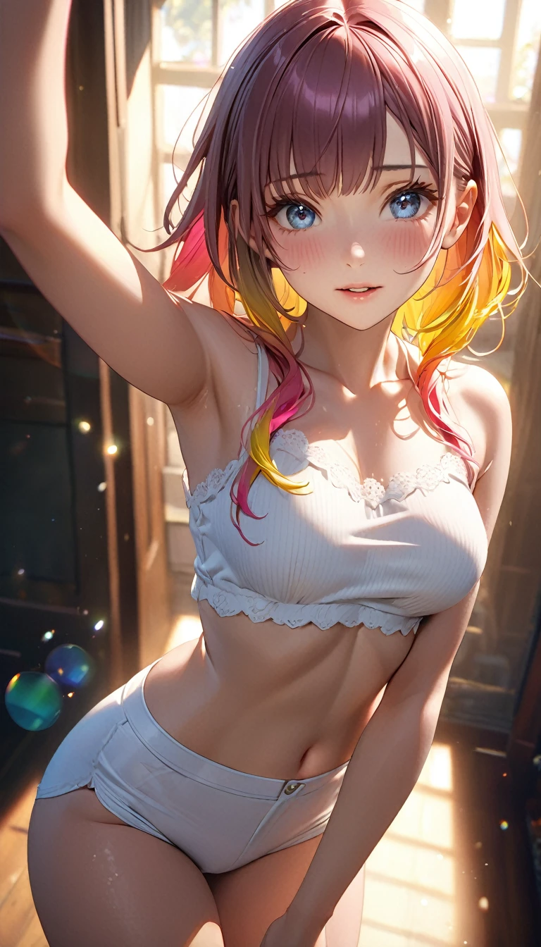 Masterpiece、最high quality、high quality、High definition、High resolution、High detail、Lens flare、Ray tracing method、high qualityの質感、high qualityの影、Beautiful details、Detailed and delicate、Detailed texture、Realistic facial expression、Realistic and colorful、Delicate、Cinematic Light、Side light、Sharp Focus、(1 woman:1.3)、(Intricate details、Makeup、Pure Eros Face_v1:0.5)、(Details Beautiful delicate face、Detailed beautiful delicate eyes、Perfect Facial Proportions、Detailed skin、Charm)、fancy hairstyles、Beautiful bangs、(Two-tone gradient hair color)、slender、(Upturned beautiful breasts)、Raise your arm and make a peace sign、Detailed crotch、Female juice、(Experiencing the best orgasm)、Light-colored mini bra、String mini bra、Light-colored V-cut、Light-colored thong、Thigh mini skirt、Low-rise mini skirt、Front-button short-sleeved shirt、Crop top、Low-angle composition
