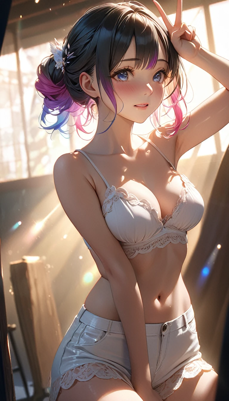 Masterpiece、最high quality、high quality、High definition、High resolution、High detail、Lens flare、Ray tracing method、high qualityの質感、high qualityの影、Beautiful details、Detailed and delicate、Detailed texture、Realistic facial expression、Realistic and colorful、Delicate、Cinematic Light、Side light、Sharp Focus、(1 woman:1.3)、(Intricate details、Makeup、Pure Eros Face_v1:0.5)、(Details Beautiful delicate face、Detailed beautiful delicate eyes、Perfect Facial Proportions、Detailed skin、Charm)、fancy hairstyles、Beautiful bangs、(Two-tone gradient hair color)、slender、(Upturned beautiful breasts)、Raise your arm and make a peace sign、Detailed crotch、Female juice、(Experiencing the best orgasm)、Light-colored mini bra、String mini bra、Light-colored V-cut、Light-colored thong、Thigh mini skirt、Low-rise mini skirt、Front-button short-sleeved shirt、Crop top、Low-angle composition