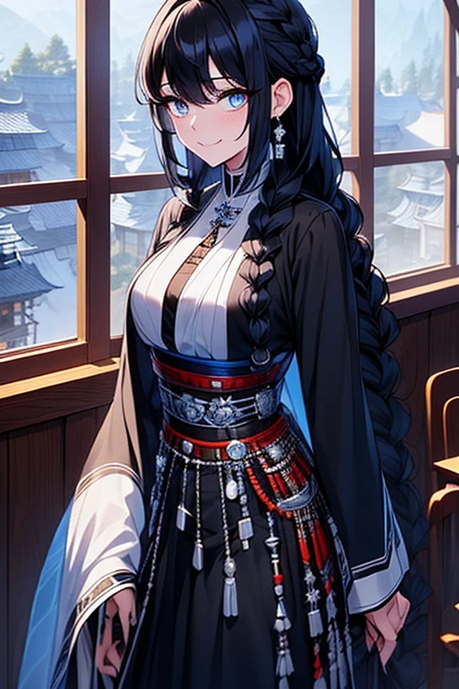 Black-haired girl, braided hair styles, long hair, very special hair style, fascinating hair style, Elegant hair, captivating blue eyes, fascinating face, Exhausted face, Ahegao, a charming smile, white eyelashes, in the classroom, Single, holding a sword in his right hand, The background is oriental style, armor dress, Five fingers