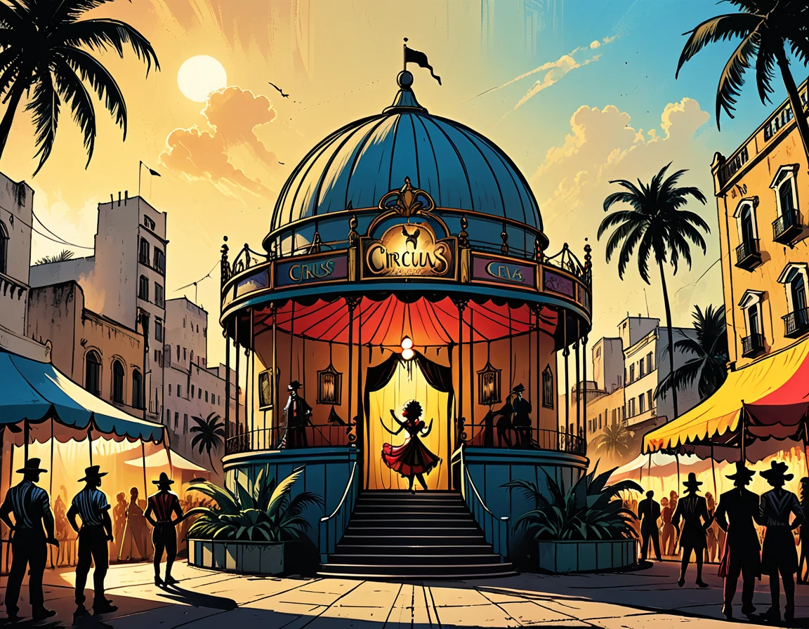 circus dome on the square of a tropical city, palm trees, street, people, magician, clowns, gypsy dancers, lion in a cage, city square, graphic style of novel comics, 2d, 8k, hyperrealism, masterpiece, high resolution, best quality, ultra-detailed, super realistic, Hyperrealistic art, high-quality, ultra high res, highest detailed, lot of details, Extremely high-resolution details, incredibly lifelike, colourful, soft cinematic light,