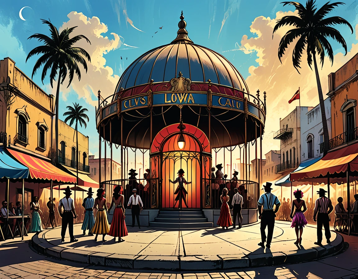 circus dome on the square of a tropical city, palm trees, street, people, magician, clowns, gypsy dancers, lion in a cage, city square, graphic style of novel comics, 2d, 8k, hyperrealism, masterpiece, high resolution, best quality, ultra-detailed, super realistic, Hyperrealistic art, high-quality, ultra high res, highest detailed, lot of details, Extremely high-resolution details, incredibly lifelike, colourful, soft cinematic light,
