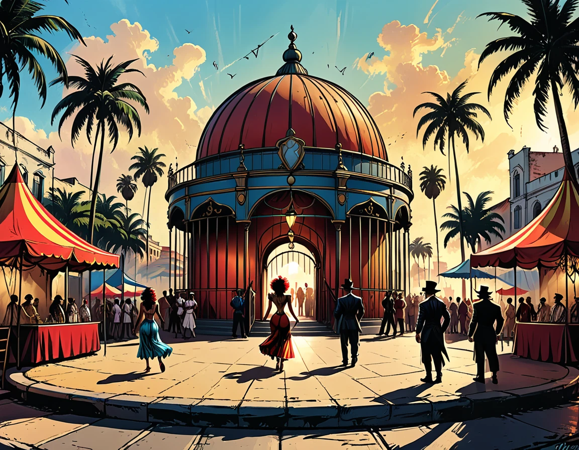 circus dome on the square of a tropical city, palm trees, street, people, magician, clowns, gypsy dancers, lion in a cage, city square, graphic style of novel comics, 2d, 8k, hyperrealism, masterpiece, high resolution, best quality, ultra-detailed, super realistic, Hyperrealistic art, high-quality, ultra high res, highest detailed, lot of details, Extremely high-resolution details, incredibly lifelike, colourful, soft cinematic light,