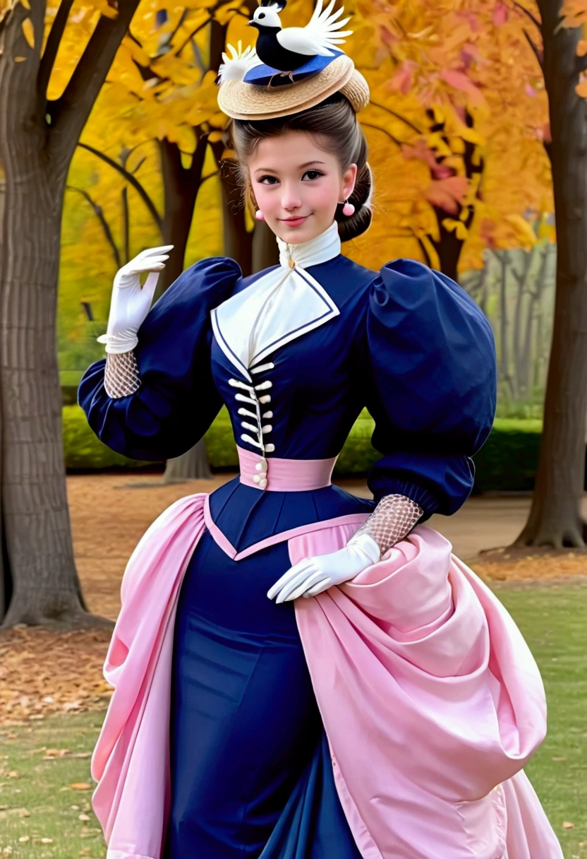 Year 1898. Humanized Minnie Mouse as a pretty, flirty 12yo girl. 1890s fashion. Victorian high-collar navy blue dress with (((long ???? sleeves cuffed into wrist-high white silk gloves. )))Powder blue sash cinched around her waist. Navy blue ankle skirt. (((Pink straw boater hat with a stuffed white bird held on top and a veil in the front))). Long brunette hair (((tied into a bun enclosed in a net))). Wasp waist. (((Bubble butt sticking out))). Petticoats. Thigh-high silk stockings. High-waisted open bloomers. (((White high-heel button boots:1.2))). Full body. Victorian park setting