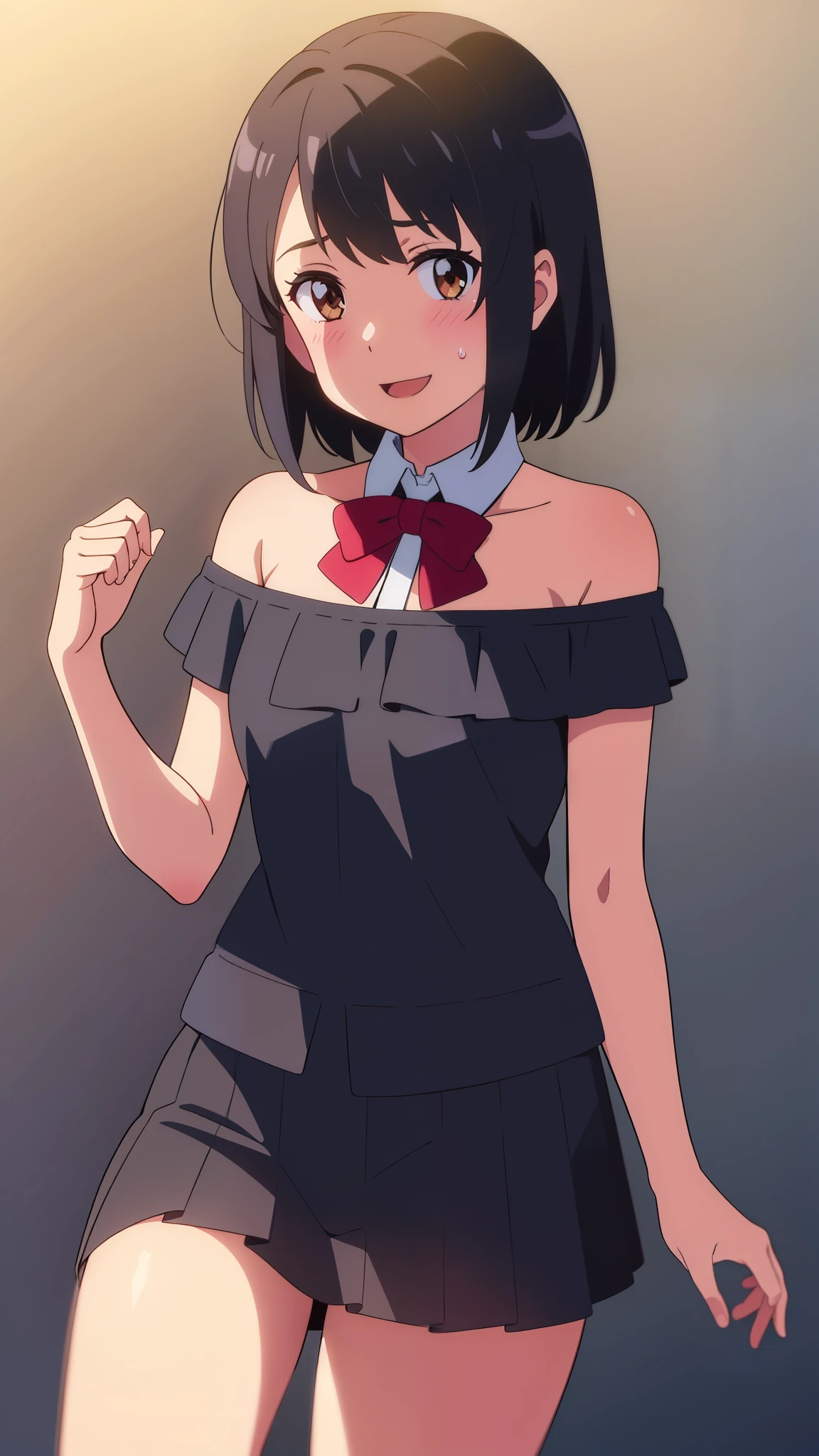 shinkai makoto, kimi no na wa., 1girl, bangs, black hair, blush, brown eyes, perfect face, looking at the viewer, ruffled clothing, off shoulder strapless, skirt, detached collar, red ribbon, red bow, short hair, solo, shinny skin, smile, cute, open mouth, love hotel background, sweat, (masterpiece), best quality