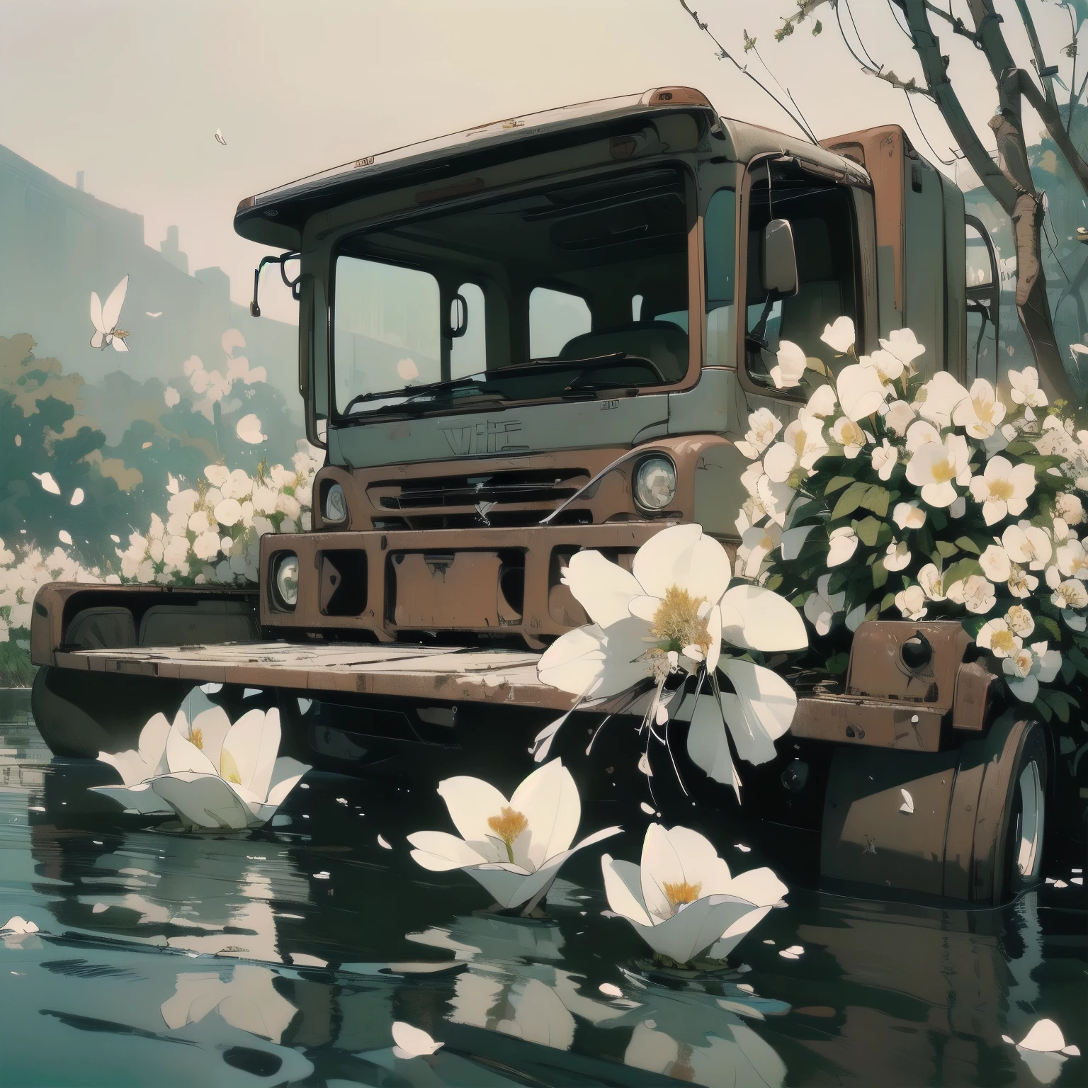 (((Masterpiece, top quality))), (((32K wallpaper))), ultra high resolution, (((close-up))), gorgeous light leak, (((backlit))), highly detailed background, top quality, (((no humans))), highly transparent river, (((extremely detailed rusty heavy truck with many white flowers)),  (((( very dull color )))), (((( white flowers in the water))), (((White petals fly)))、エヴァンゲリオン