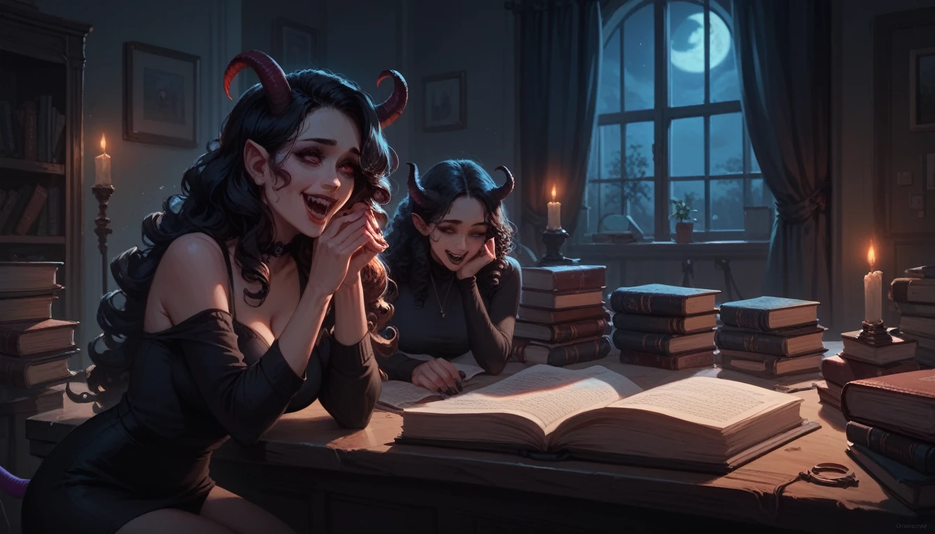 ((Woman)), ((Mommy)), Excited, ((Curly Long Hair)), ((Demon Girl)), Sexy, ((Succubus)), Goth, Submissive, Room, Secretary, Books, Romantic, Night, HD, High Resolution, 4K