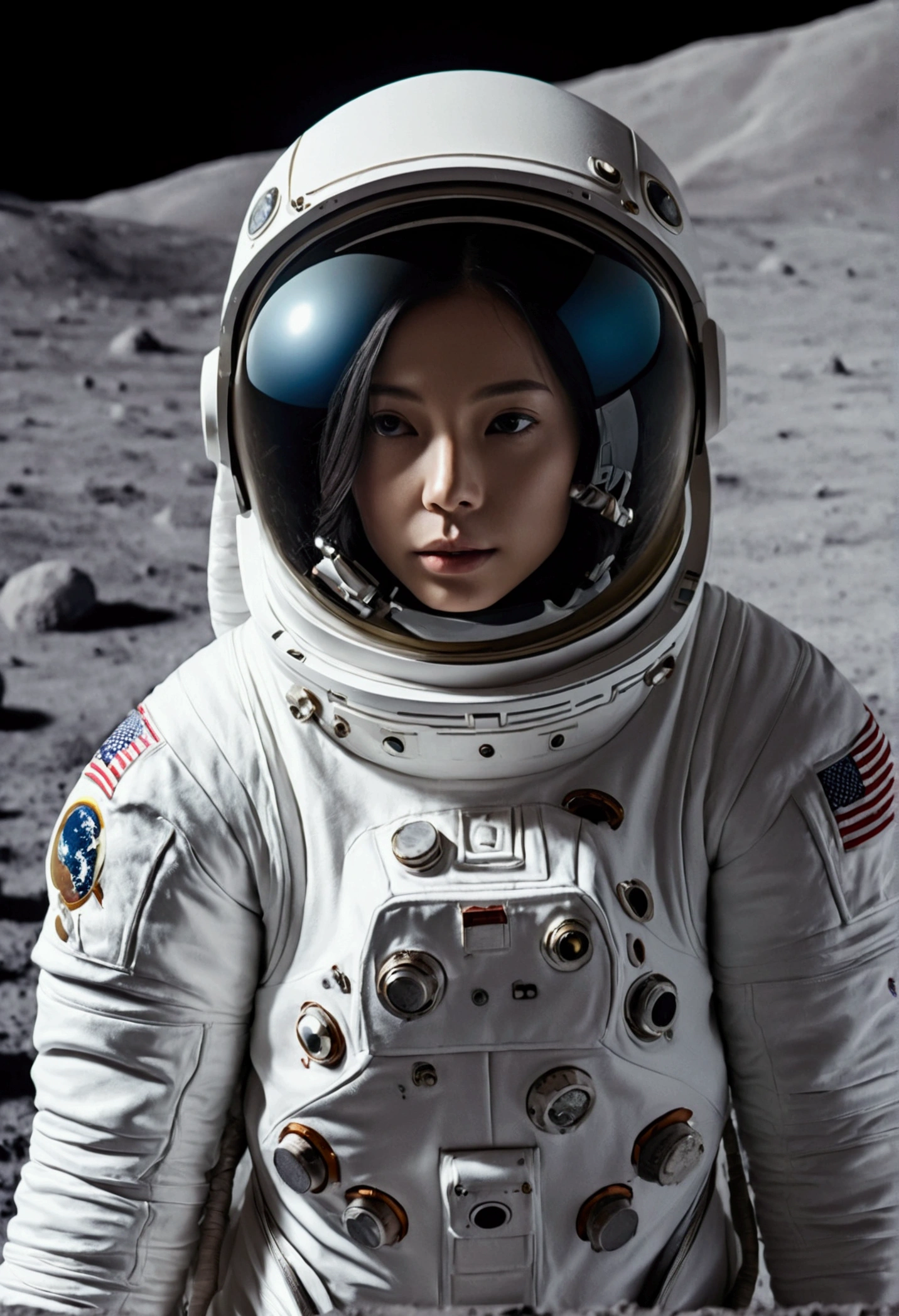 a 22 years lady, medium, chest, slim body, in a white space suit, on moon surface, looking at earth, 8k ultra hd image