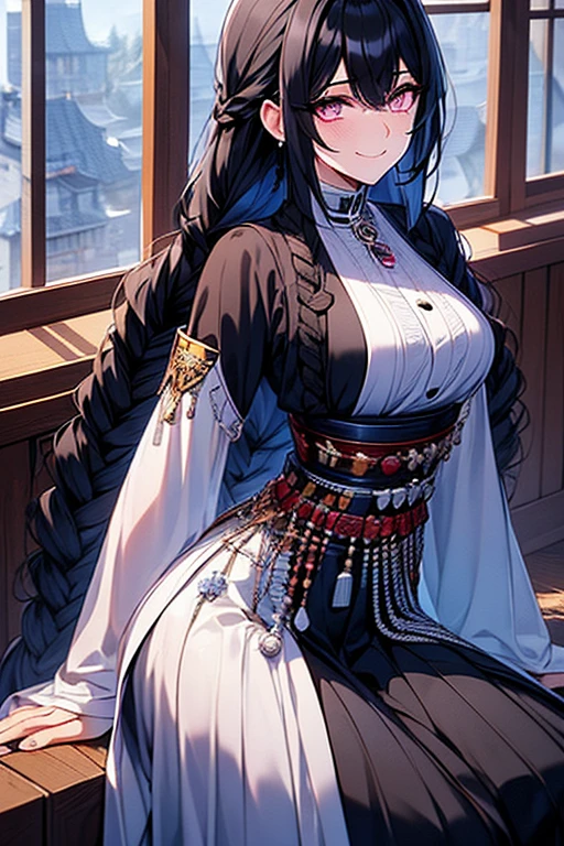 Black-haired girl, braided hair styles, long hair, very special hair style, fascinating hair style, Elegant hair, captivating purple eyes, fascinating face, Exhausted face, Ahegao, a charming smile, white eyelashes, in the classroom, Single, holding a sword in his right hand, The background is oriental style, armor dress, Five fingers