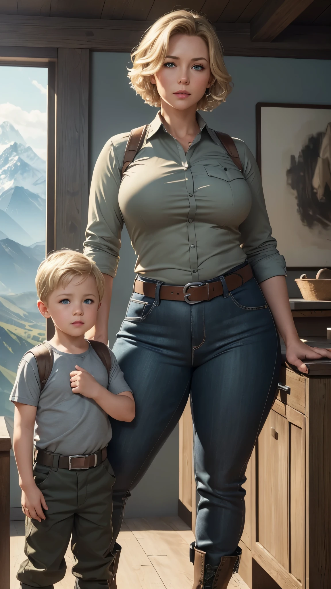 A 40 year old curvy woman with short blonde hair and light blue eyes, wearing a gray skin tight shirt, khaki tight pants, tactical belt and boots, standing in the mountains with her son, 1940s art post, pinup style, semi-athletic body, (best quality,4k,8k,highres,masterpiece:1.2),ultra-detailed,(realistic,photorealistic,photo-realistic:1.37),HDR,UHD,studio lighting,ultra-fine painting,sharp focus,physically-based rendering,extreme detail description,professional,vivid colors,portrait