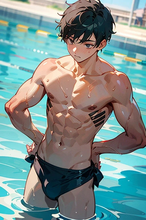 ((best qualityer)), ((work of art)), (detailded), a boy, only male gender, on your back wearing a swim trunks, with hands on waist