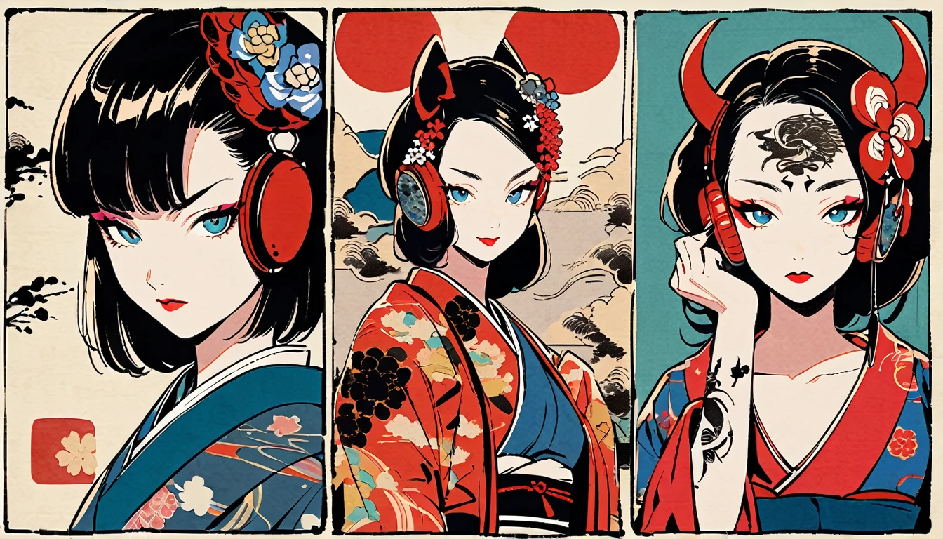 (((Ink painting))), Colorful fashion pictures, (((1 girl))), (((Tattoo in the center of the forehead))), (((Very glamorous hair accessories))), (((Very glamorous makeup))), Japanese style headphones, Japan人の美女, Black hair, Sensitive and precise, Modern Ukiyo-e style, Demon possession, Red sharingan eyes, Japan, Japanese flag, Red and blue background