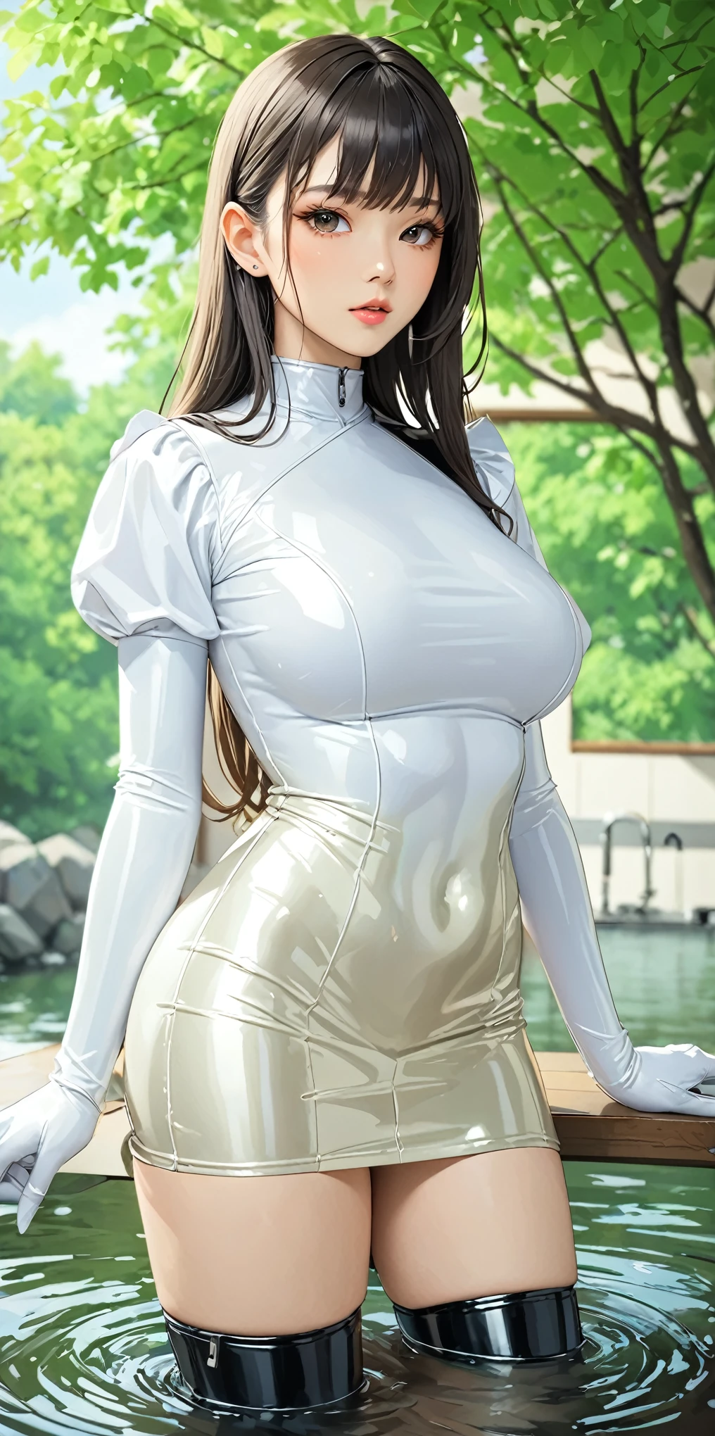 portrait、(masterpiece,of the highest quality,ultra high resolution),japanese women, (((Very beautiful girl of 25 years))),(White Latex Tight Dress.)、(((long latex skirt)))、(A long-sleeved latex shirt that covers the upper part of the body.)、long latex gloves、latex socks、(latex suit)、Clothes fit the body、The latex is very shiny.、Standing on the river bank, big breasts