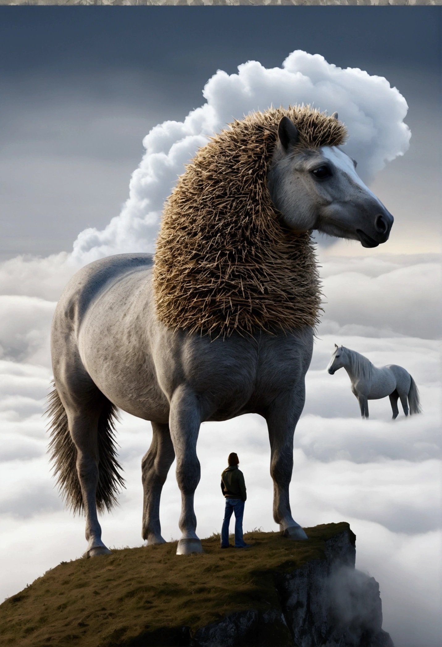 Hedgehog and Horse. a very huge horse made entirely of fog and clouds looks at a microscopic anthropomorphic hedgehog. anthropomorphic hedgehog stands on a cliff. only the horse's neck and head are visible. the horse's head fills almost the entire composition. merging of clouds and horse and fog.