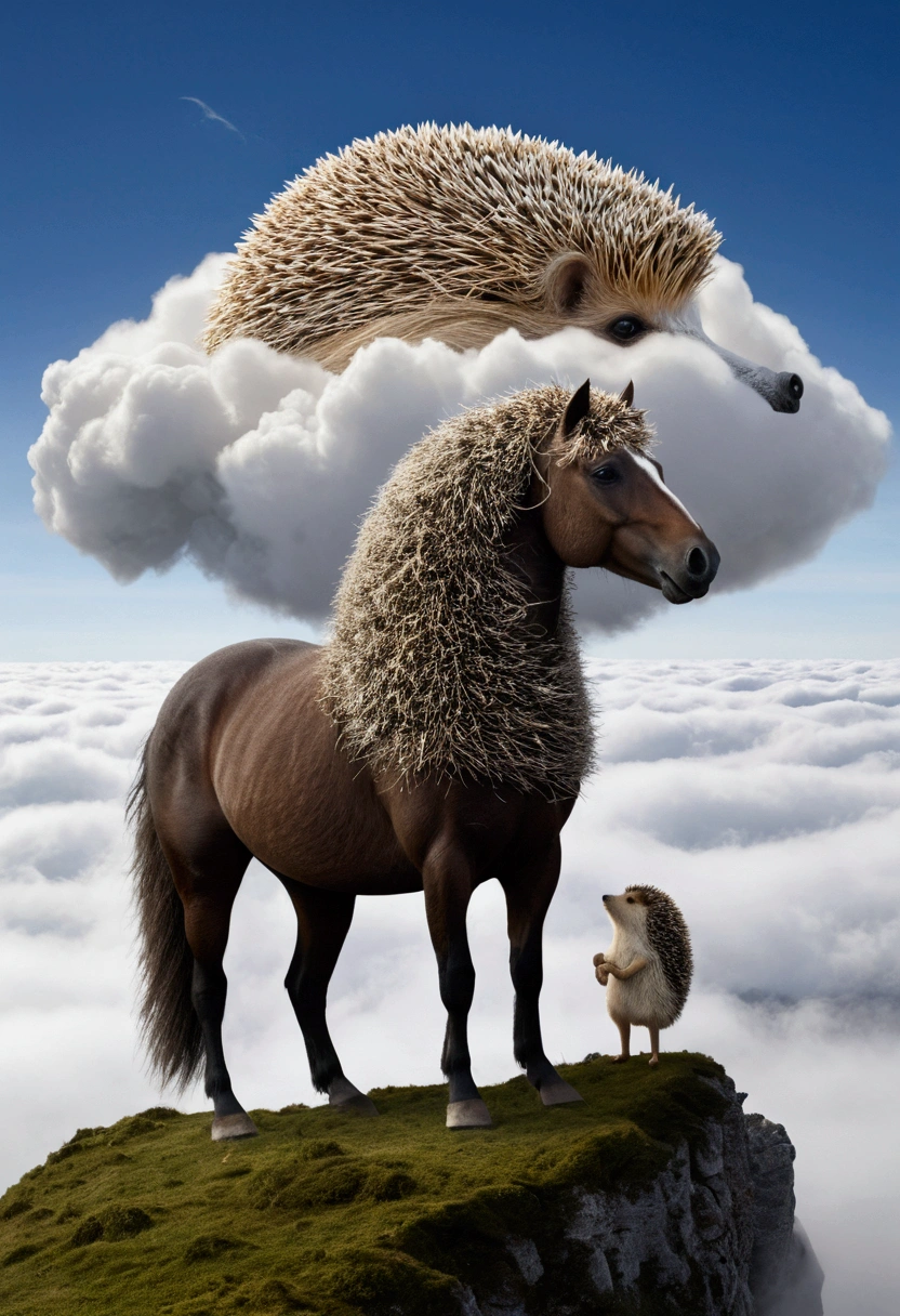Hedgehog and Horse. a very huge horse made entirely of fog and clouds looks at a microscopic anthropomorphic hedgehog. anthropomorphic hedgehog stands on a cliff. only the horse&#39;s neck and head are visible. the horse&#39;s head fills almost the entire composition. merging of clouds and horse and fog.