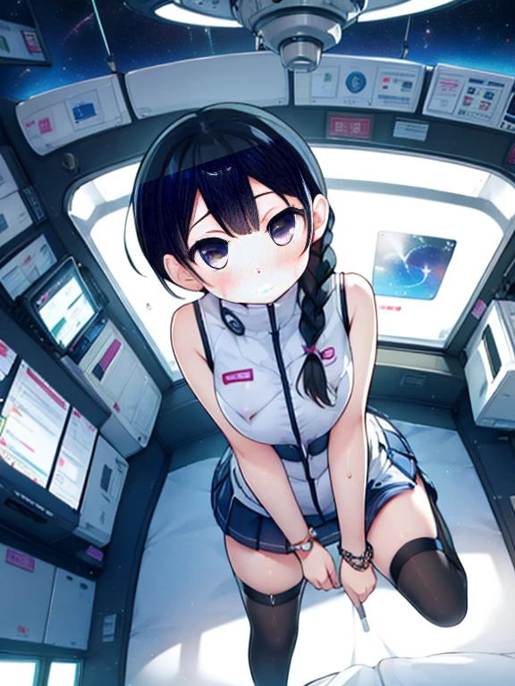 (Highest quality), (masterpiece), 1080P, High resolution, 4K, 8k, Inside the space station、Futuristic room、Thigh straps, Shooting from directly below, The woman on top of me, Nipples, 白いSweat, Covered , Sweat, Woman looking down, Skirt swimsuit, Thigh-high socks, To achieve this, 16 years old, , whole body, Black leather shoes, Braided hair, Inner Color, Embarrassed face, Short black hair, bracelet, Bedroom,celestial body_Vest
