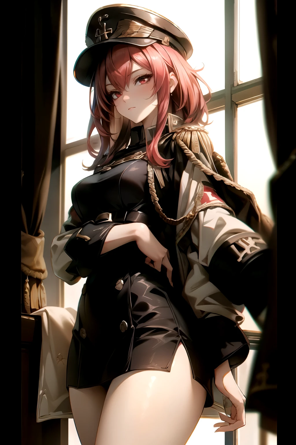 ((best quality)), ((Masterpiece)), (details:1.4), 3d, Image of a beautiful cyberpunk woman., HDR (high dynamic range), mature woman, เหมือนจริง, Curtain Bangs, Red hair, Red eyes, future police, PBR surface, After processing, Anisotropic filtration,depth of field, Maximum clarity and clarity, multi-layered surface, perfect proportions, 8K raw files, cyberpunk, at night, ผมหลายชั้น, red short skirt, natural lighting, soft lighting, sunlight, หน้าอกใหญ่, a woman wearing a black gothic style military uniform, black military hat with gold details, iron cross symbol on the military hat,