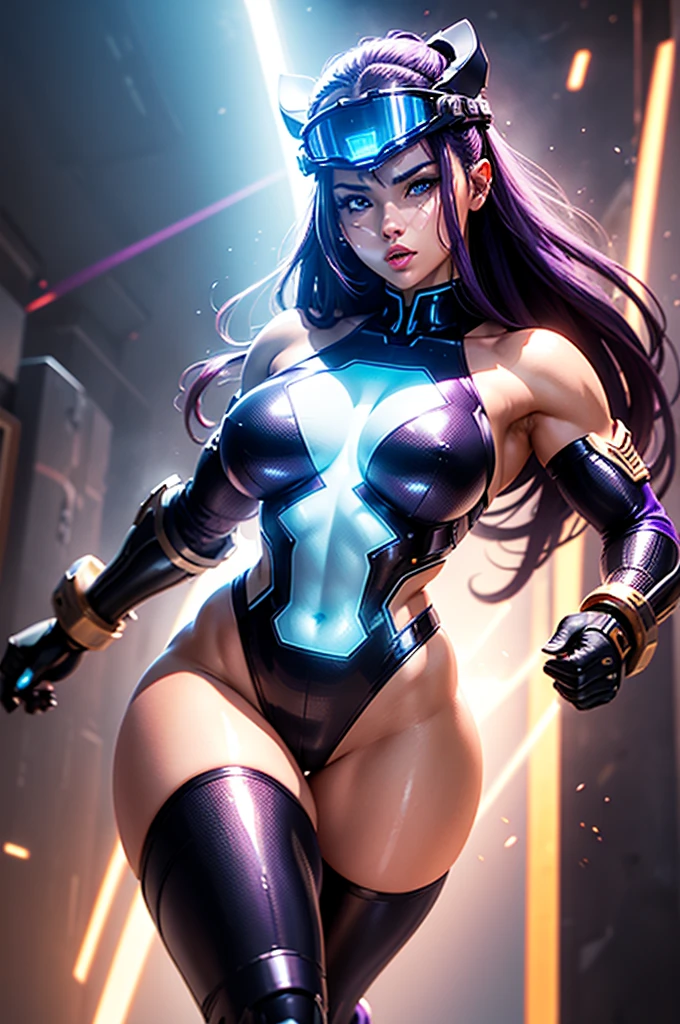 A perfect sexy, delicious and beautiful, Exuberant and very young extremely erotic android, strong cybernetic warrior with black African and oriental features, Japanese and Chinese, Soft Face, sexy e angelical, very sexy open mouth, mixed with the clone of the Greek warrior goddess Athena, with huge super ultra mega giant breasts, Brunetette, big plump and thick lips, extremely thin waist, very tanned and sweaty, HUGE big ASS, steep, HARD AND MUSCULOUS, Purple colored eyes, with barcode tattoos, transformed into an erotic and super sensual and extremely super ULTRA HIPER mega muscular astronaut goddess, fitness, a huge and swollen pussy, bodybuilder, hypertrophied fit bodybuilder and weightlifter, very muscular thighs and super intensely muscular abdomen, wearing very short hair in punk style, super radical and purple and very smooth in locks, wearing sexy cyberpunk battle outfits, seen in the form of a hologram made only of light energy, coastal view, administrator and leader, noble queen goddess of a gigantic fleet of thousands of spaceships and hundreds of planets of her powerful stellar empire running courageously across the bridge of a star cruiser wearing a holographic helmet in the Corinthian battle format and with visor and horsehair topknot, of luminous Athenian warrior, electronic and futuristic posing extremely sexy, floating in space with rays and lights in the background and covered by a halo of white light that is at the same time a war helmet and a futuristic and modern queen's crown made of diamonds and lights, hugging a huge, muscular strong and beautiful bald yellow alien with a large alien computer in the background