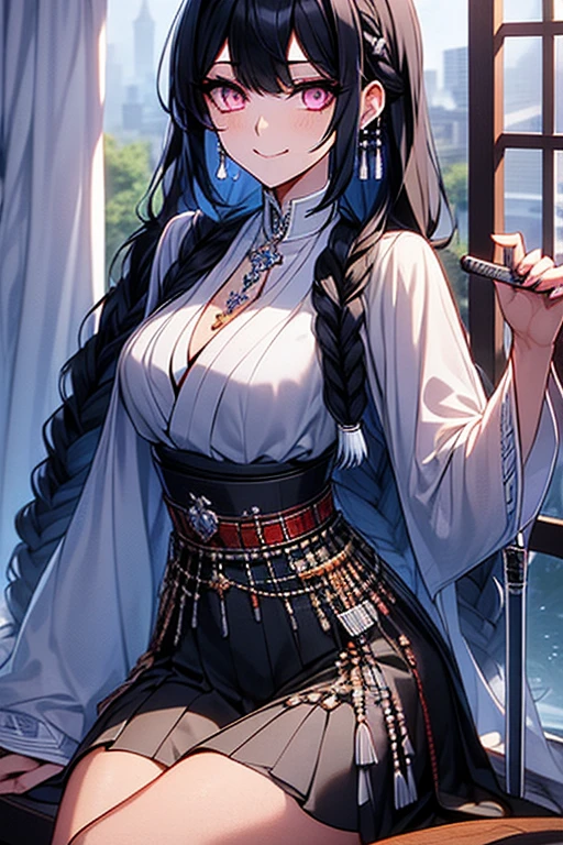 Black-haired girl, braided hair styles, long hair, very special hair style, fascinating hair style, Elegant hair, captivating purple eyes, fascinating face, Exhausted face, Ahegao, a charming smile, white eyelashes, in the classroom, Single, holding a sword in his right hand, The background is oriental style, armor dress, Five fingers, holding a sword in his right hand.