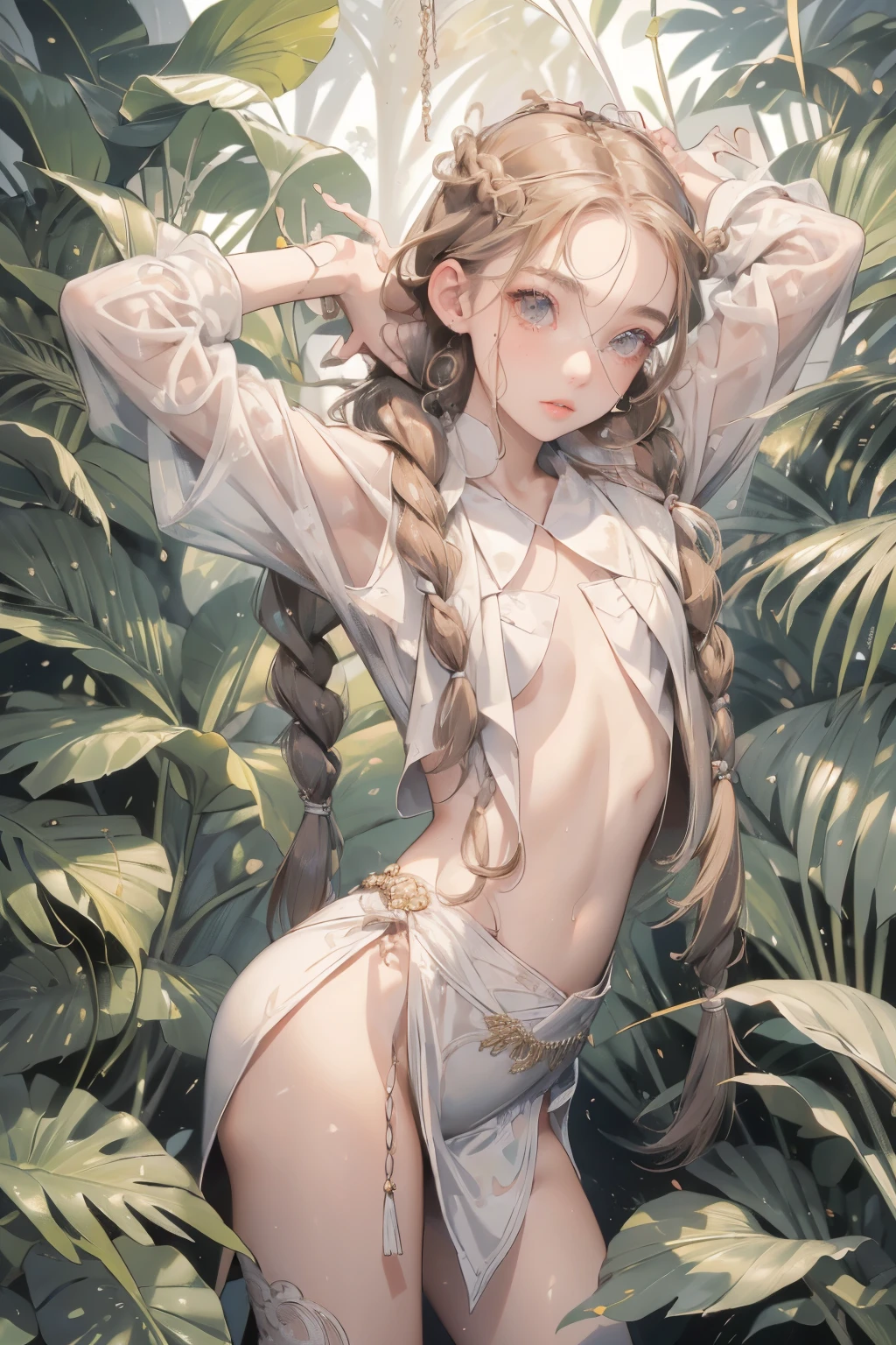 ((Watercolor))、(Highest quality、masterpiece)、Adult beautiful Ukrainian woman, To the camera、 Long light brown hair,Completely naked、All Nude、Backwards、Accentuate your butt、Butt close-up、in the forest、In the lake