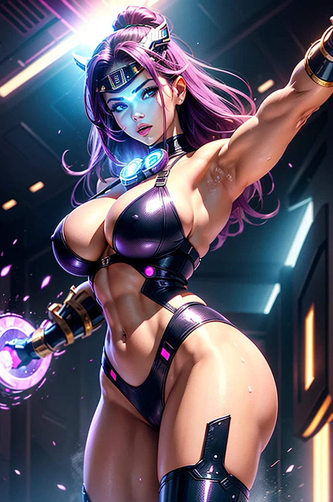 A perfect sexy, delicious and beautiful, Exuberant and very young extremely erotic android, strong cybernetic warrior with black African and oriental features, Japanese and Chinese, Soft Face, sexy e angelical, very sexy open mouth, mixed with the clone of the Greek warrior goddess Athena, with huge super ultra mega giant breasts, Brunetette, big plump and thick lips, extremely thin waist, very tanned and sweaty, HUGE big ASS, steep, HARD AND MUSCULOUS, Purple colored eyes, with barcode tattoos, transformed into an erotic and super sensual and extremely super ULTRA HIPER mega muscular astronaut goddess, fitness, a huge and swollen pussy, bodybuilder, hypertrophied fit bodybuilder and weightlifter, very muscular thighs and super intensely muscular abdomen, wearing very short hair in punk style, super radical and purple and very smooth in locks, wearing sexy cyberpunk battle outfits, seen in the form of a hologram made only of light energy, coastal view, administrator and leader, noble queen goddess of a gigantic fleet of thousands of spaceships and hundreds of planets of her powerful stellar empire running courageously across the bridge of a star cruiser wearing a holographic helmet in the Corinthian battle format and with visor and horsehair topknot, of luminous Athenian warrior, electronic and futuristic posing extremely sexy, floating in space with rays and lights in the background and covered by a halo of white light that is at the same time a war helmet and a futuristic and modern queen's crown made of diamonds and lights, hugging a huge, muscular strong and beautiful bald yellow alien with a large alien computer in the background