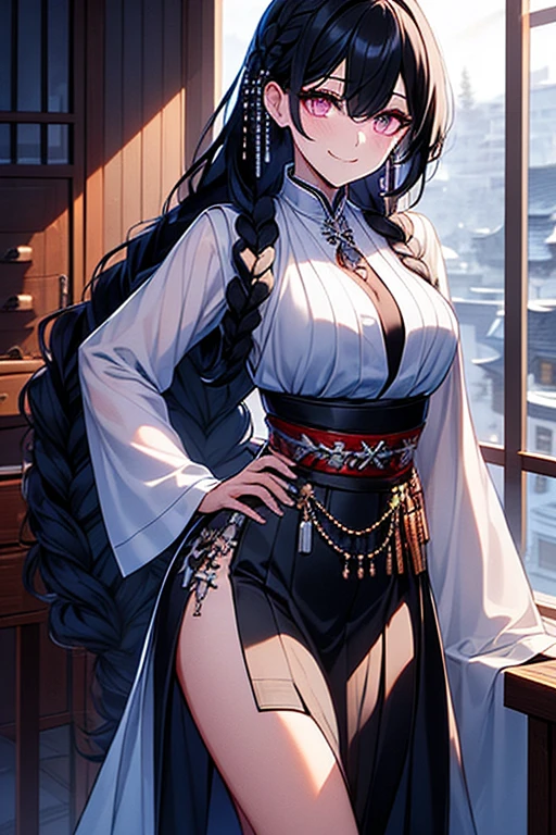 Black-haired girl, braided hair styles, long hair, very special hair style, fascinating hair style, Elegant hair, captivating purple eyes, fascinating face, Exhausted face, Ahegao, a charming smile, white eyelashes, in the classroom, Single, holding a sword in his right hand, The background is oriental style, armor dress, Five fingers, holding a sword in his right hand.