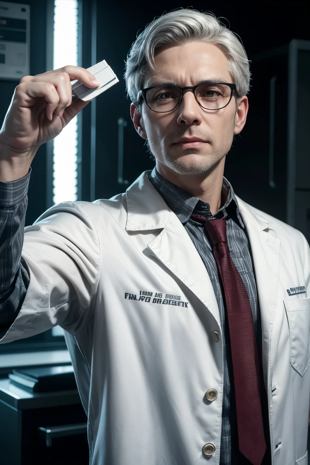 A White Doctor, 40 years old with slightly gray hair, with 3d glasses in superhero outfit