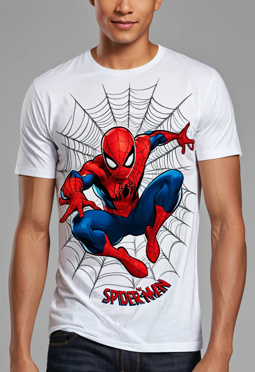 A white t-shirt with a vibrant illustration of a spider web and at its center is Spider-Man, a popular Marvel superhero. Spider-Man is depicted in his iconic red and blue costume, swinging through the air with his webs. He is in a dynamic pose, with one hand releasing a web and the other holding a strand of web. The design is detailed, with the webs appearing tangled and the character's facial features clearly visible. The t-shirt has a round neckline and appears to be a standard cut. Below Spider-Man there is the text "Spider-Man" in a decorative and captivating font.