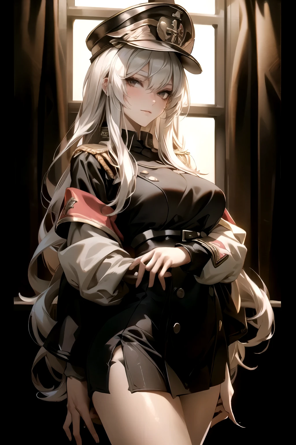 ((best quality)), ((Masterpiece)), (details:1.4), 3d, Image of a beautiful cyberpunk woman., HDR (high dynamic range), mature woman, เหมือนจริง, Curtain Bangs, White hair, White eyes, future police, PBR surface, After processing, Anisotropic filtration,depth of field, Maximum clarity and clarity, multi-layered surface, perfect proportions, 8K raw files, cyberpunk, at night, ผมหลายชั้น, red short skirt, natural lighting, soft lighting, sunlight, หน้าอกใหญ่, a woman wearing a black gothic style military uniform, black military hat with gold details, iron cross symbol on the military hat,