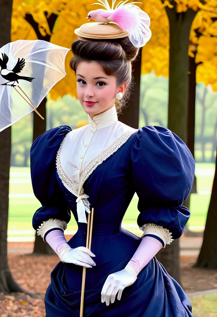 Year 1898. Humanized Minnie Mouse as a pretty, flirty 12yo girl. 1890s fashion. Victorian high-collar navy blue dress with (((long puff sleeves cuffed into wrist-high white silk gloves. )))Powder blue sash cinched around her waist. Navy blue ankle skirt. (((Pink straw boater hat with a stuffed white bird held on top and a veil in the front))). Long brunette hair (((tied into a bun enclosed in a net))). Wasp waist. (((Bubble butt sticking out))). Petticoats. Thigh-high silk stockings. High-waisted open bloomers. (((White high-heel button boots:1.2))). Delicately holding an umbrella with her pinky fingers raised. Full body. Victorian park setting 