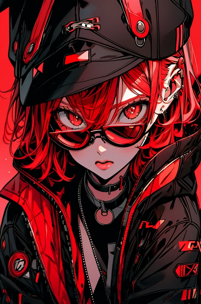 girl. red hair, cool black open short jacket, crazy, on futuristic neon night street background,Glasses、sober
